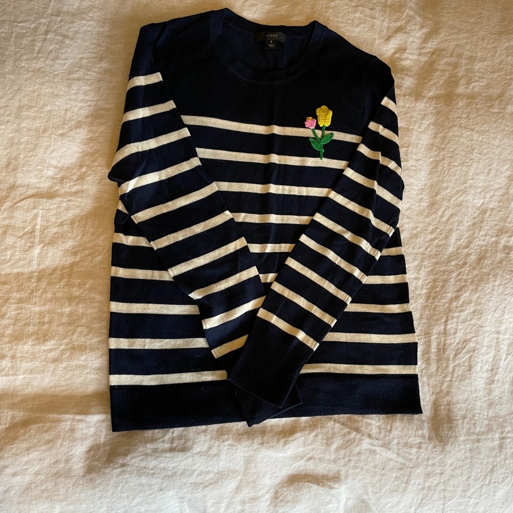NWOT J.Crew Embroidered Merino Wool Sweater - Navy/White Stripes - S